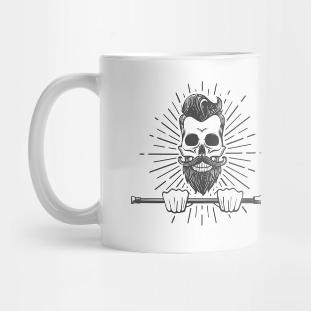 Human Skull with mustache and beard holds walking stick. by devaleta